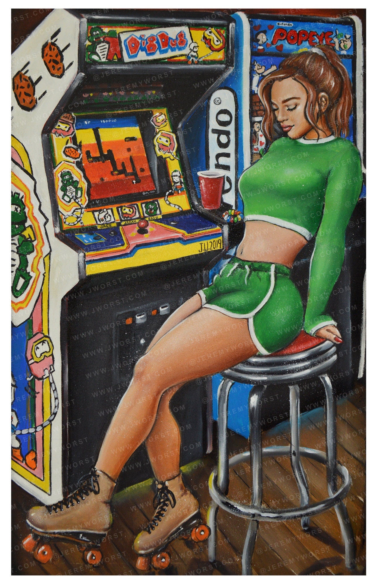 JEREMY WORST DigDug Retro Arcade painting Artwork poster roller skates quad barcade wall art decor sexy joust cabnit stool hentai anime